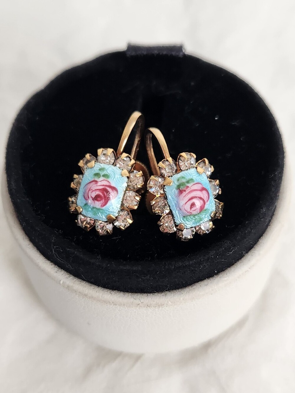 40s Handpainted Rose Rinestone Screwback Earrings